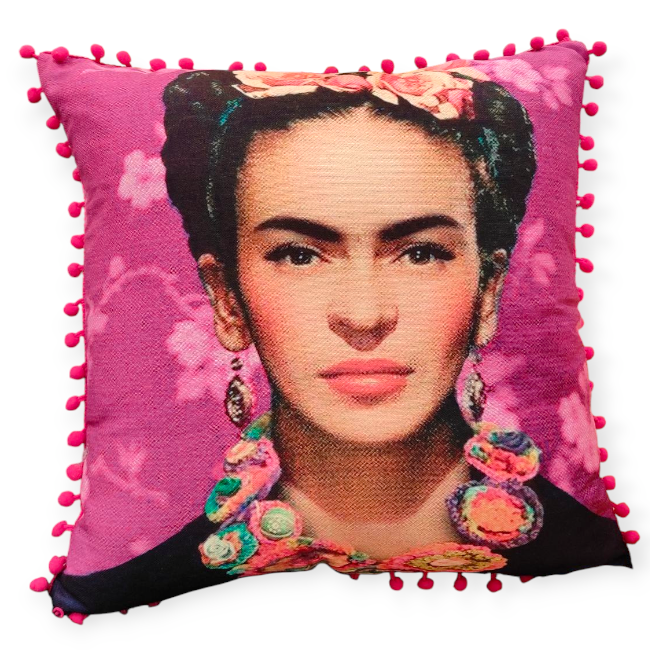 Dekoratív párna Frida Kahlo mintával, fukszia pomponnal, kanapéra – 45x45x10 cm