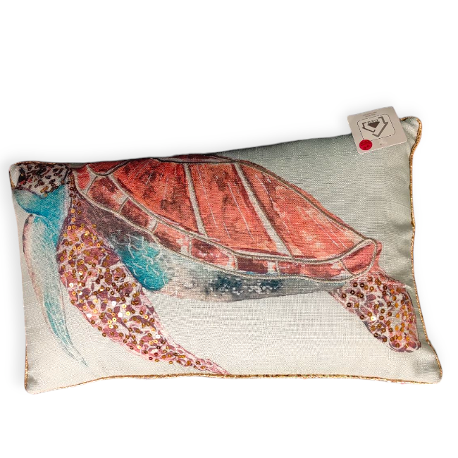 Nyári dekoratív párna, teknős mintával, flitterekkel, szegéllyel, kanapéra – 50x30 cm