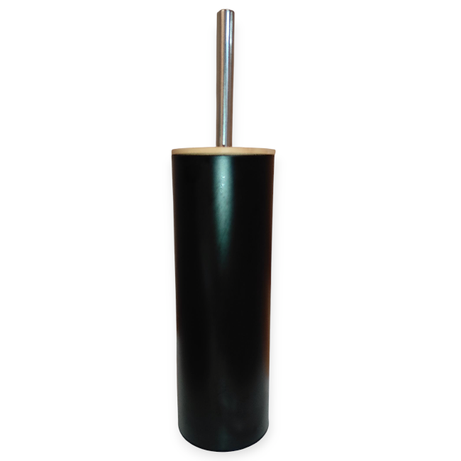 Fekete fém WC-kefe bambusz fedéllel – ezüst nyéllel, 9,5×39 cm