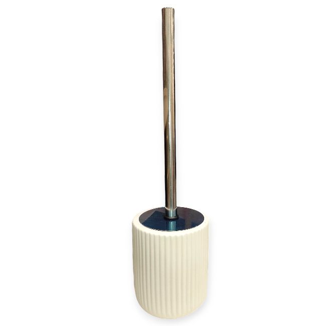 Fehér kerámia WC-kefe szett – ezüst nyéllel, fekete kefével, 10×38 cm