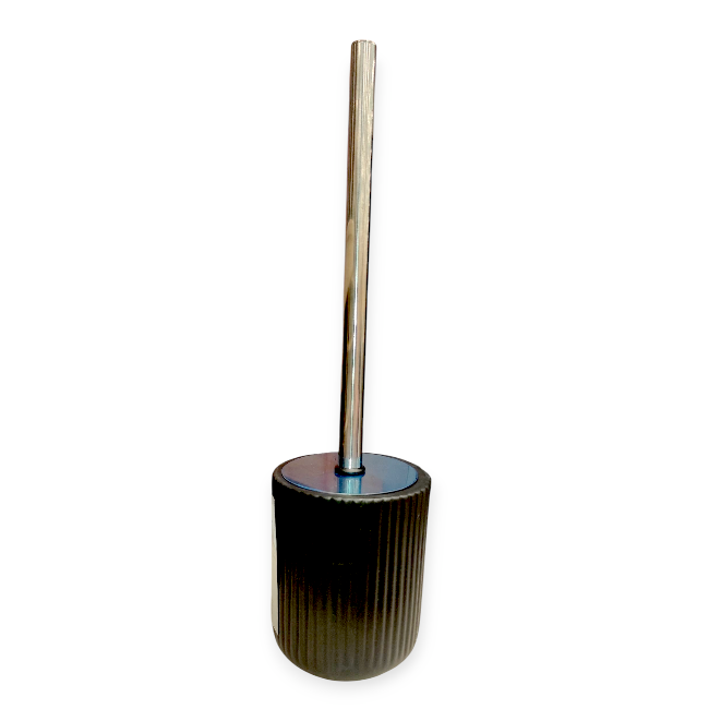 Fekete kerámia WC-kefe szett csíkokkal – ezüst nyéllel, 10×38 cm
