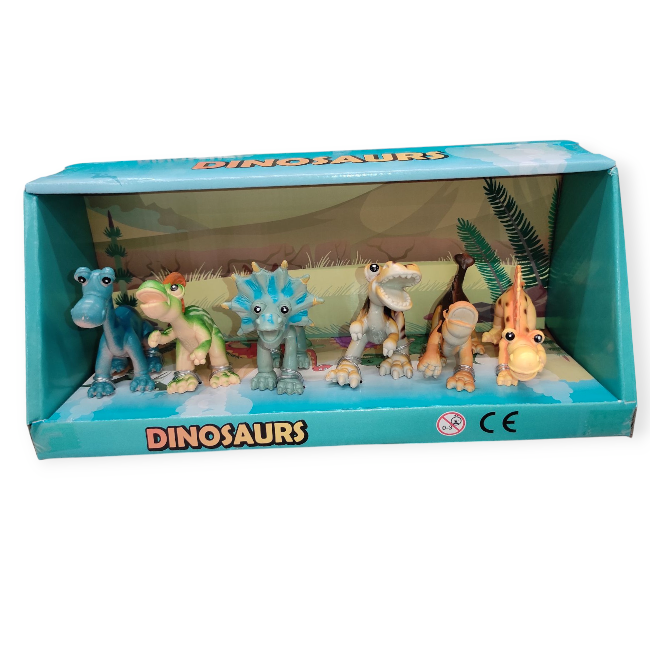 Rajzfilm dinoszaurusz figura szett – 6 db puha műanyag dínó, 6,5 cm
