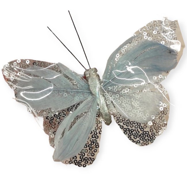 Függönycsipesz pillangó – ezüstszürke, flitteres dekoráció, 15x11 cm