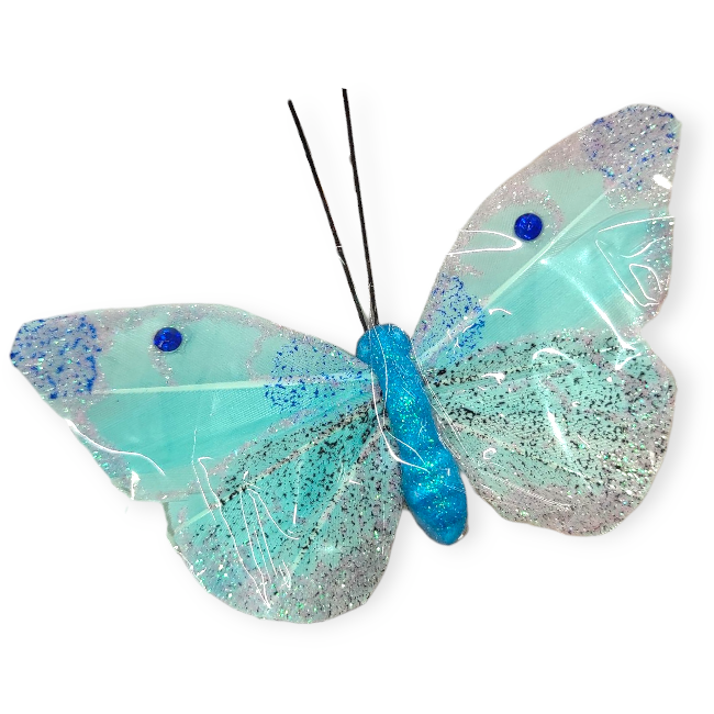 Pillangó függönycsipesz – akvamarin csillámos dekoráció, 10x6 cm