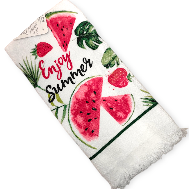 Fehér pamut konyharuha – Görögdinnye és trópusi levelek – 60x35 cm