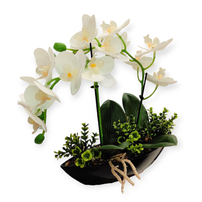 Fehér orchidea művirág fekete csónak kaspóban – 27×9×30 cm