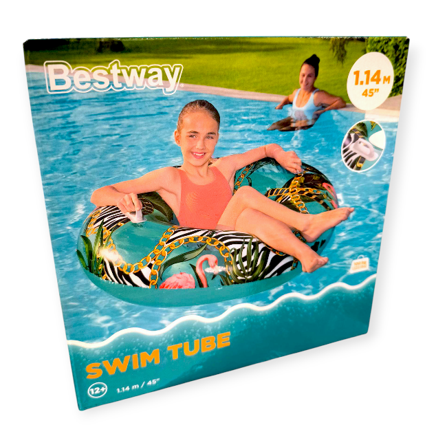 Bestway trópusi mintás felfújható ülőkarikás úszógumi fogantyúval – 107×95 cm
