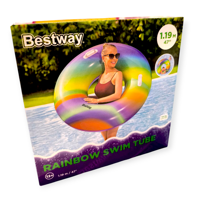Bestway szivárványos felfújható úszógumi fogantyúval – 119 cm