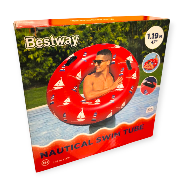  Bestway piros színű hajó mintás nagyméretű úszógumi fogantyúval 119 cm