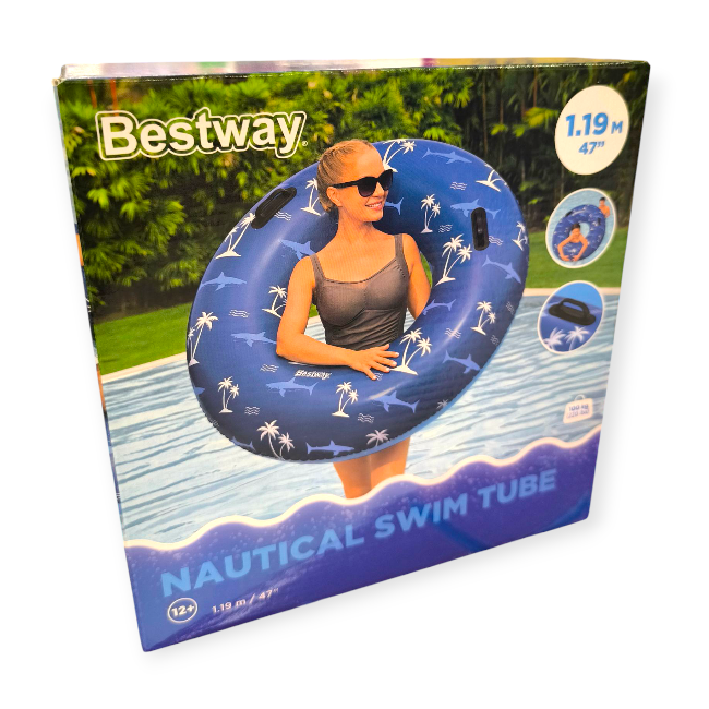 Bestway kék színű cápa mintás nagyméretű úszógumi fogantyúval 119 cm