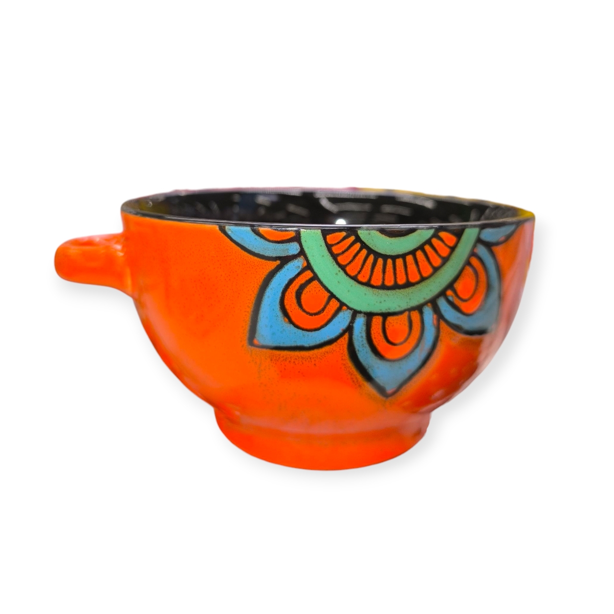 Porcelán leveses tál fogantyúval mandala mintával – narancs,fekete 0,65 L