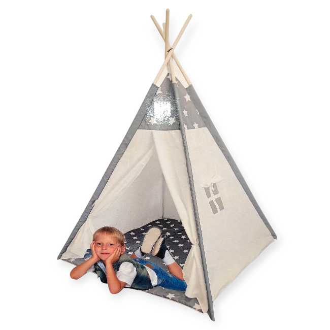 Indián stílusú gyereksátor – szürke-fehér teepee beltérre és kültérre